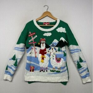 Ugly Christmas Jollidays Womens Medium Green Llama Sequin Holiday Sweater
